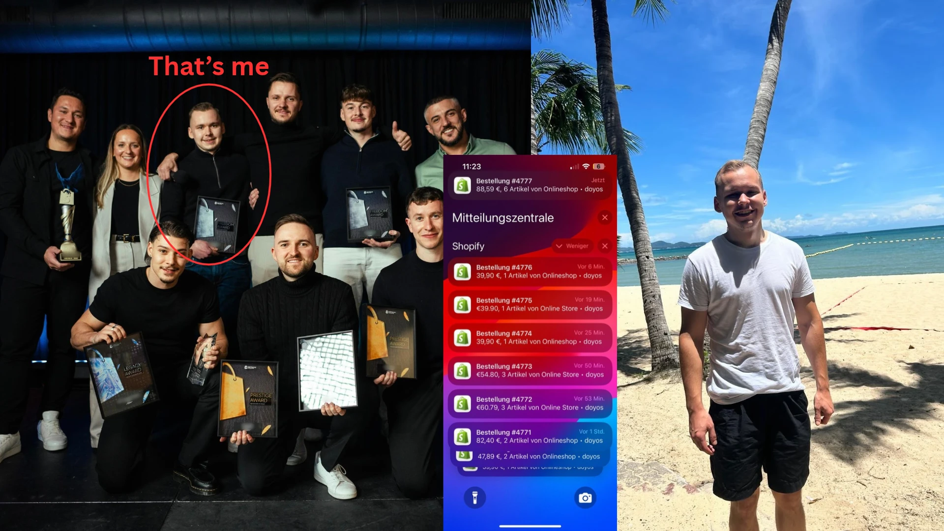 Founder of LKS P LLC receiving the Freedom Award, live Shopify order notifications from the air-purifier store, and a photo of the founder.